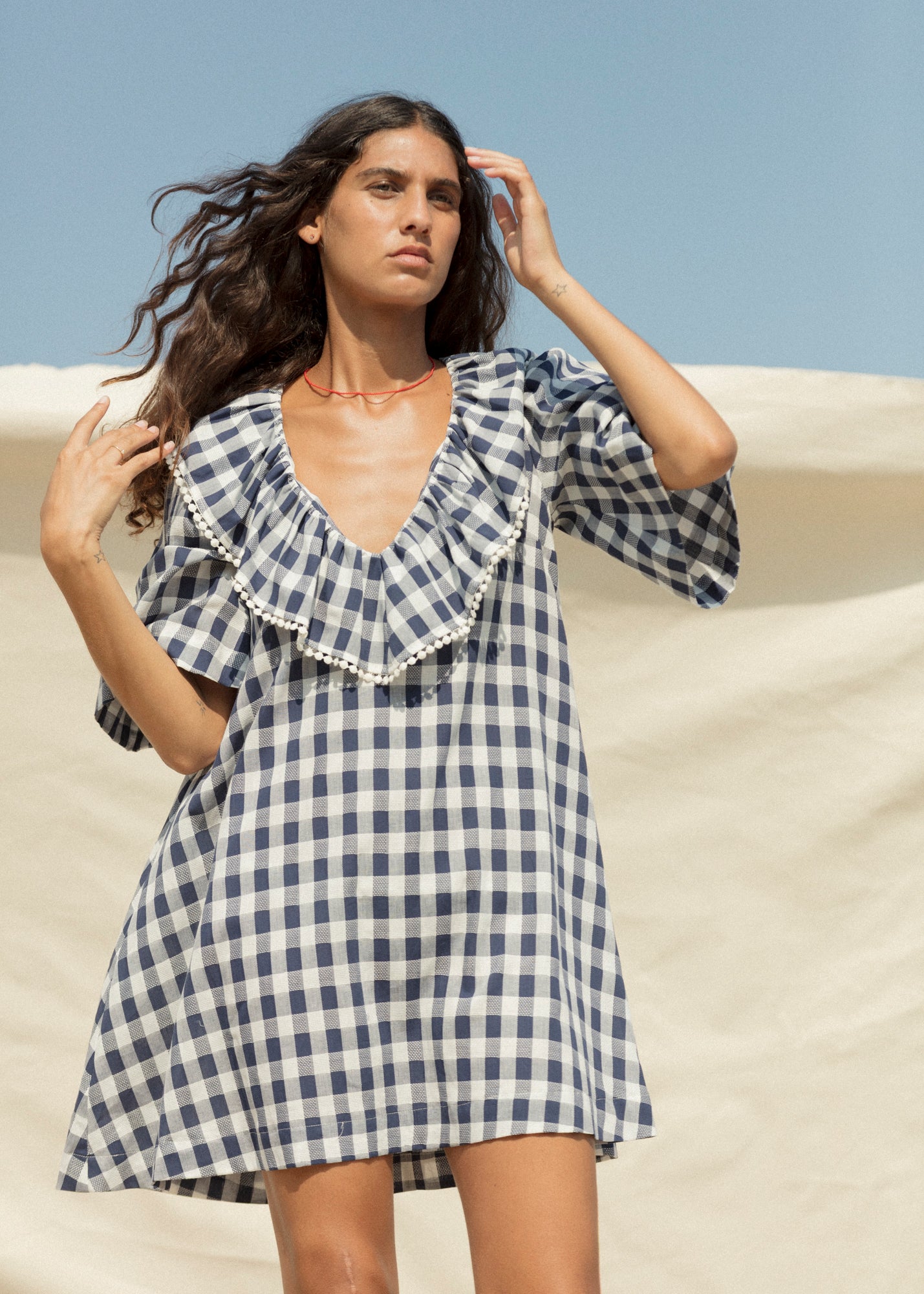 navy blue checkered dress Ruffle Dress