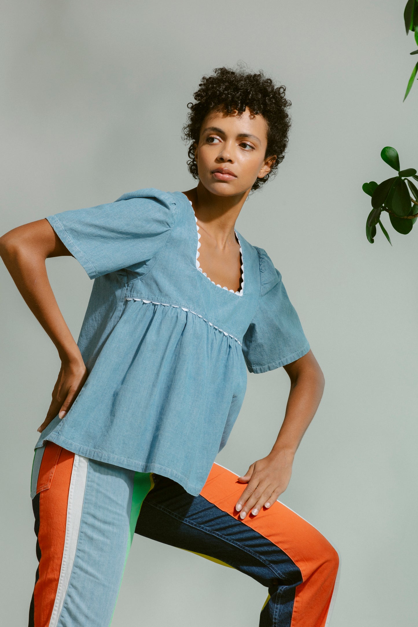 Rickrack Square Neck Shirt - Medium Wash Chambray (Small)