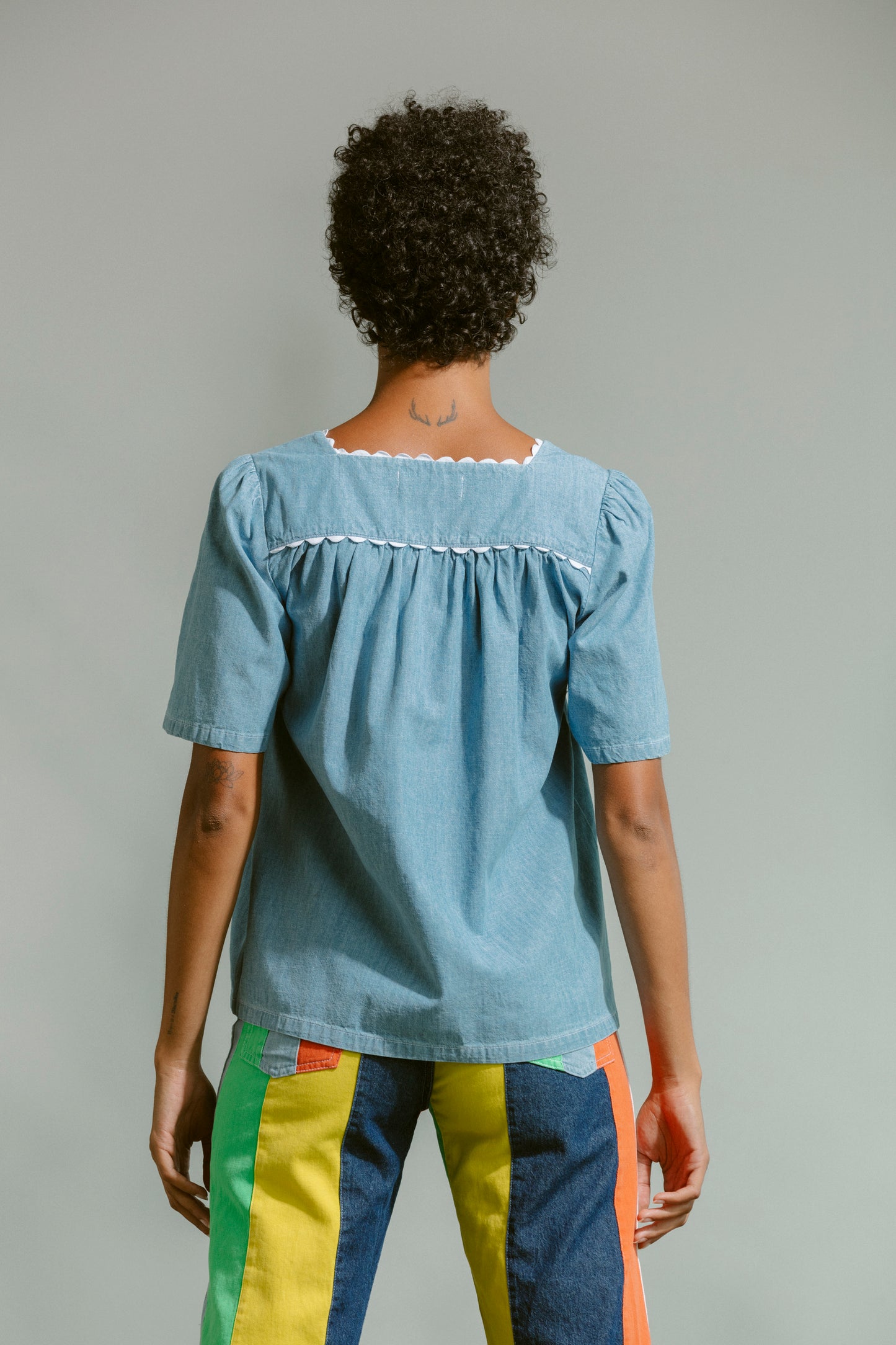 Rickrack Square Neck Shirt - Medium Wash Chambray (Small)