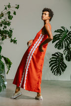 Button Back Dress - Red with White Crochet Trim