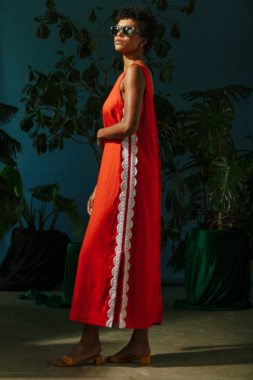 Button Back Dress - Red with White Crochet Trim