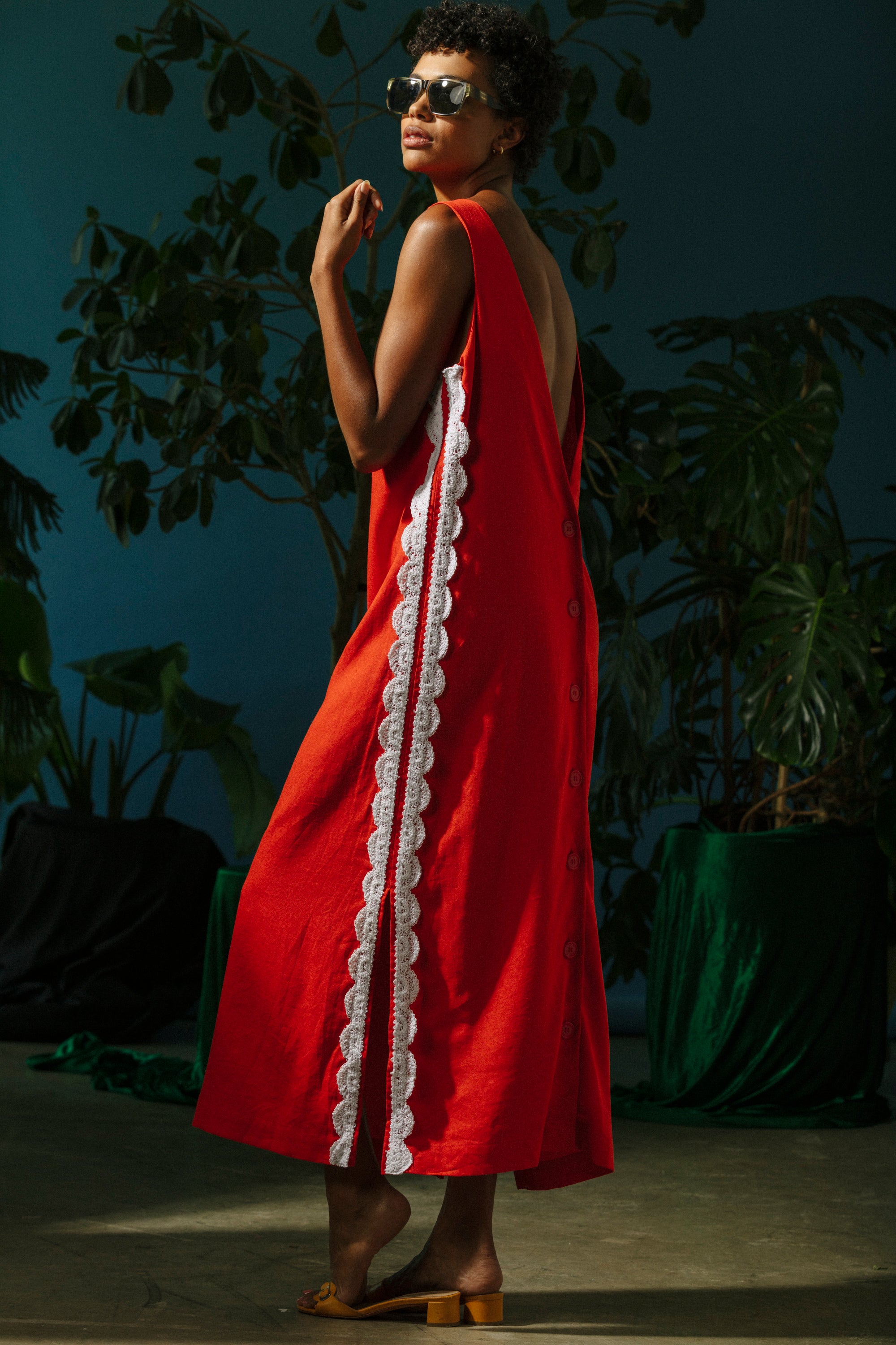 Button Back Dress - Red with White Crochet Trim