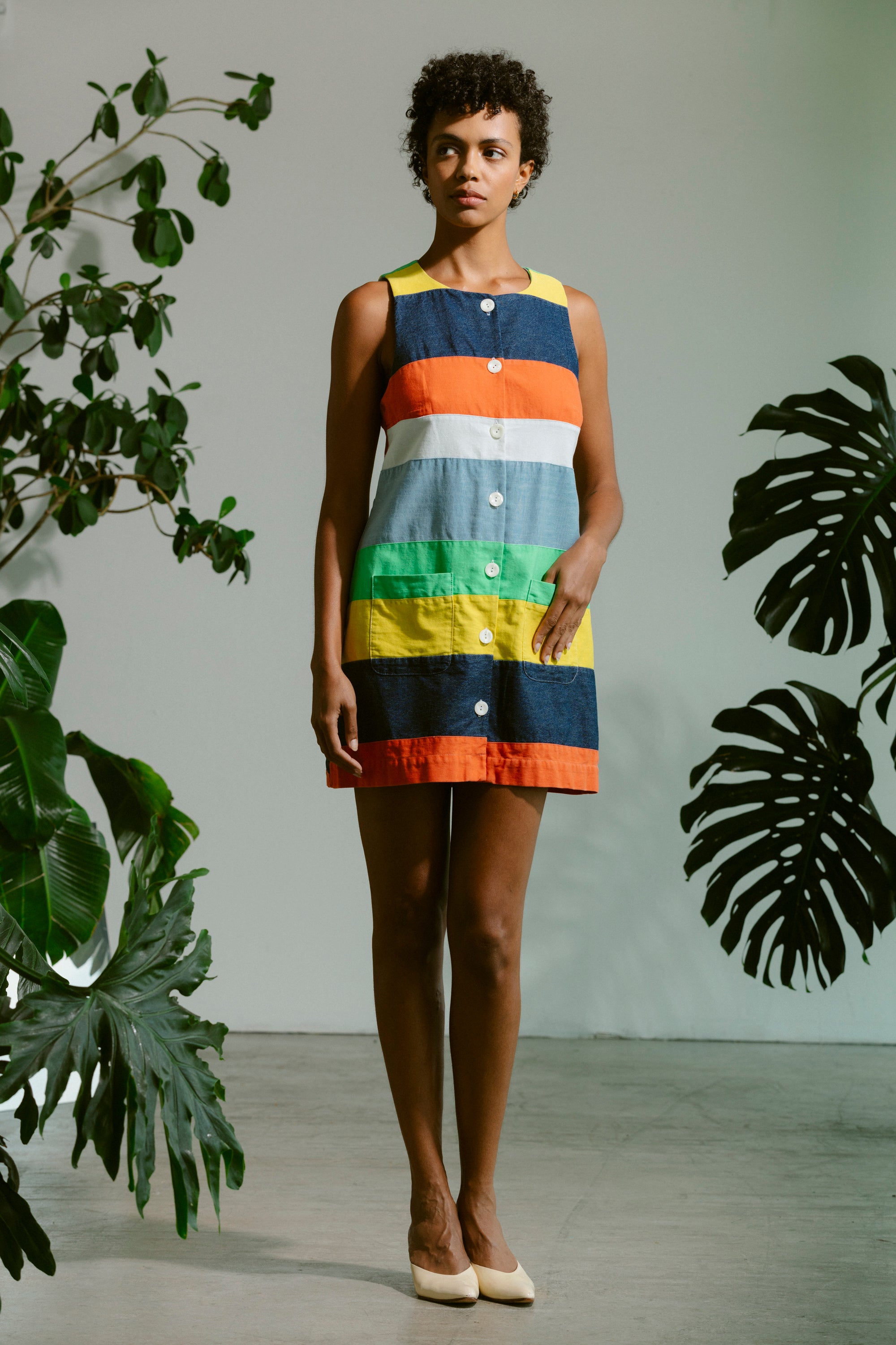 Button Front Mini Dress - Cabana Stripe