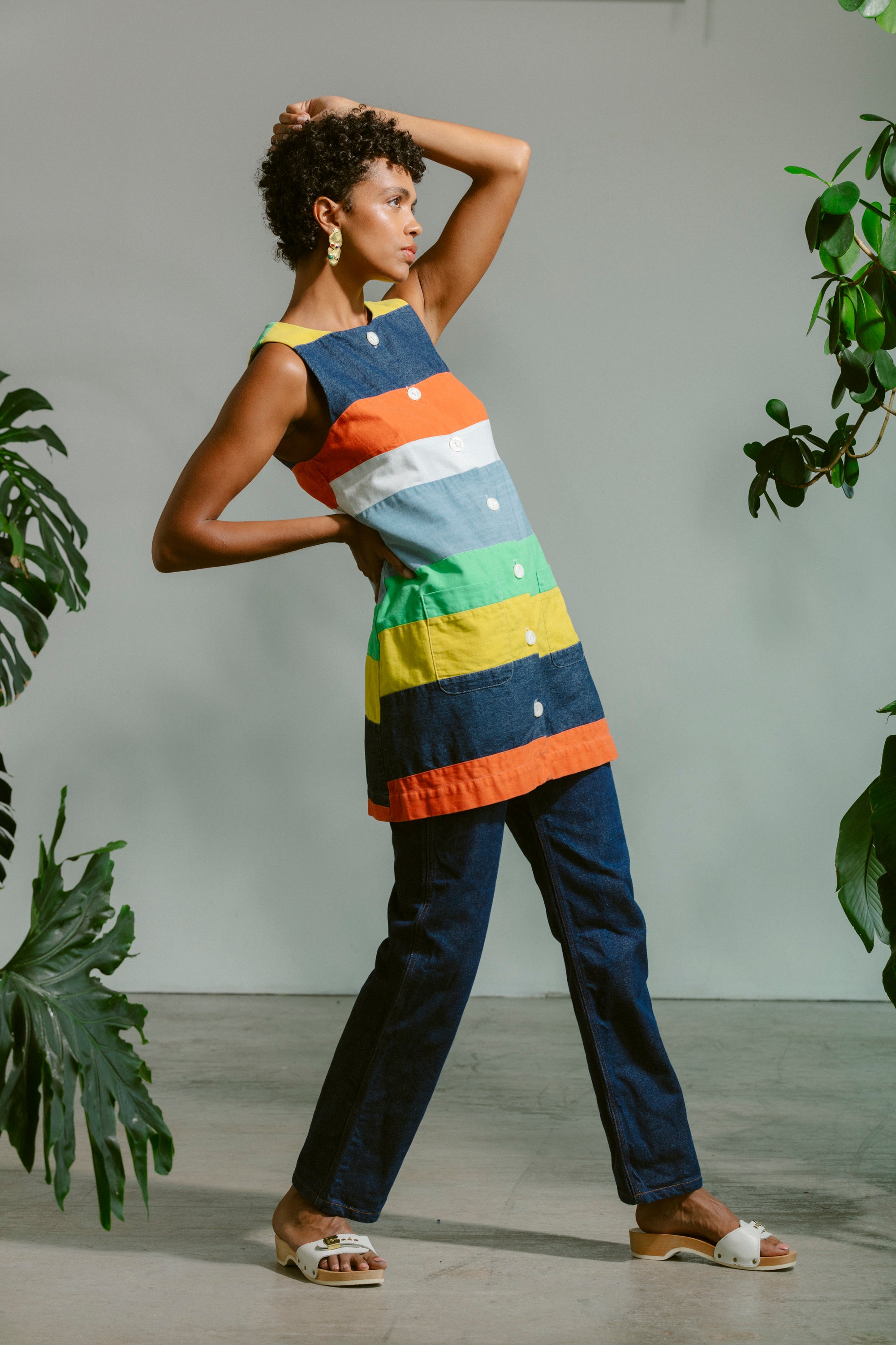 Button Front Mini Dress - Cabana Stripe